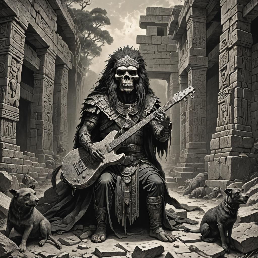 Heavy Metal Lion Guitarist in Mayan Ruins