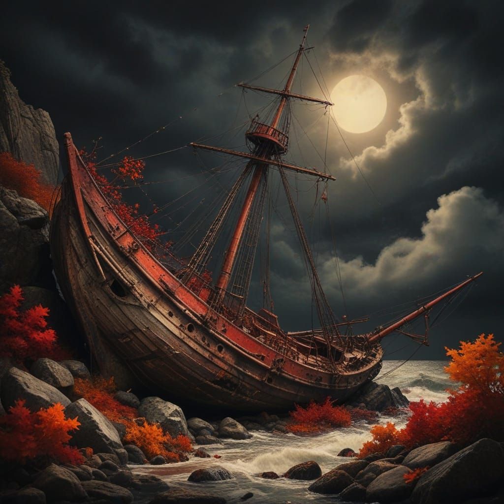 Abandoned Sailing Vessel on Rocky Coast in Autumn Hues