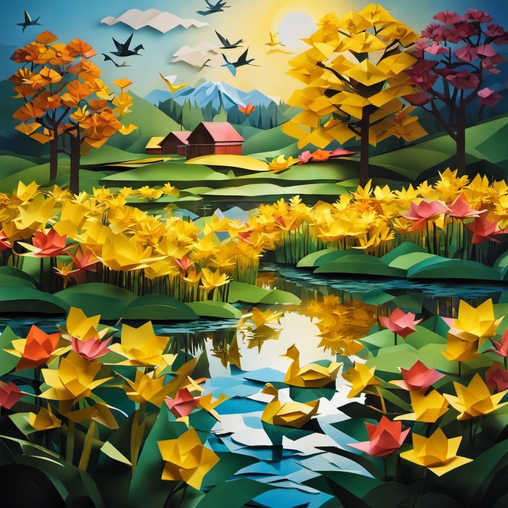 Origami Pond Scene with Paper Ducks