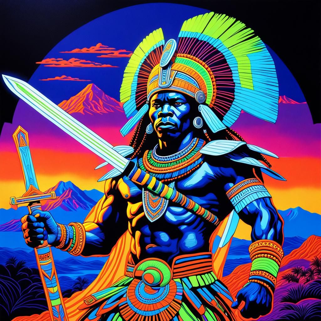 African Warrior in 1970s Blacklight Art Style