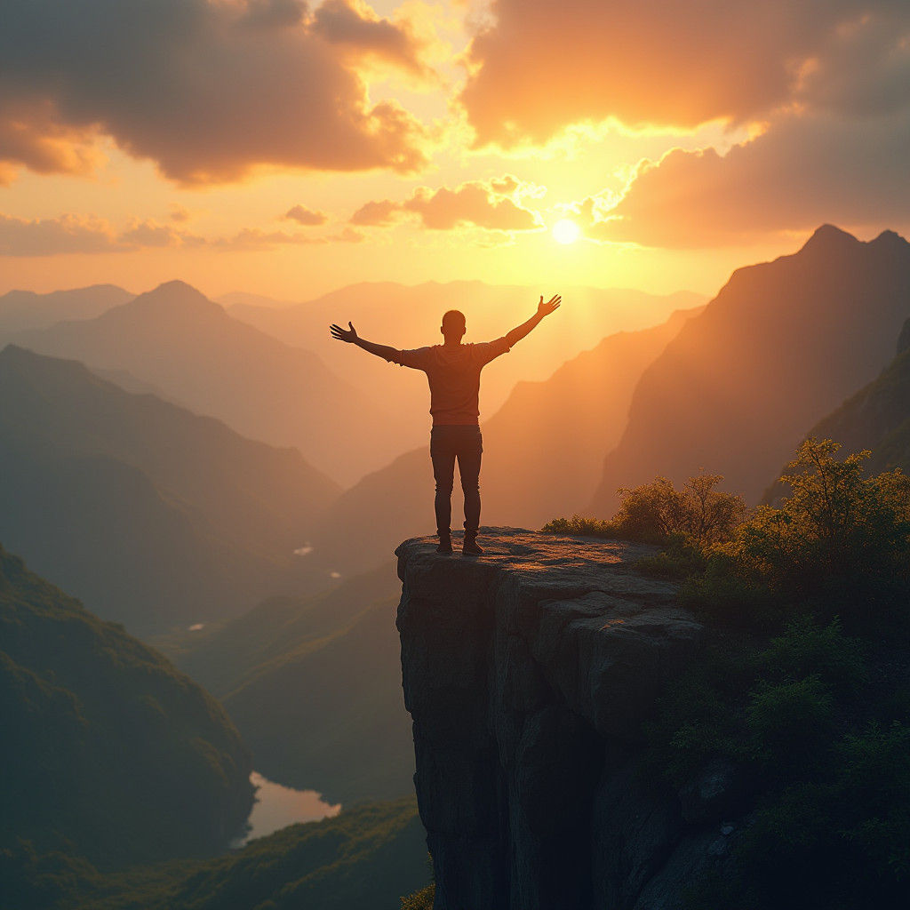 Victorious Silhouette at Mountain Sunrise, Fantasy Art