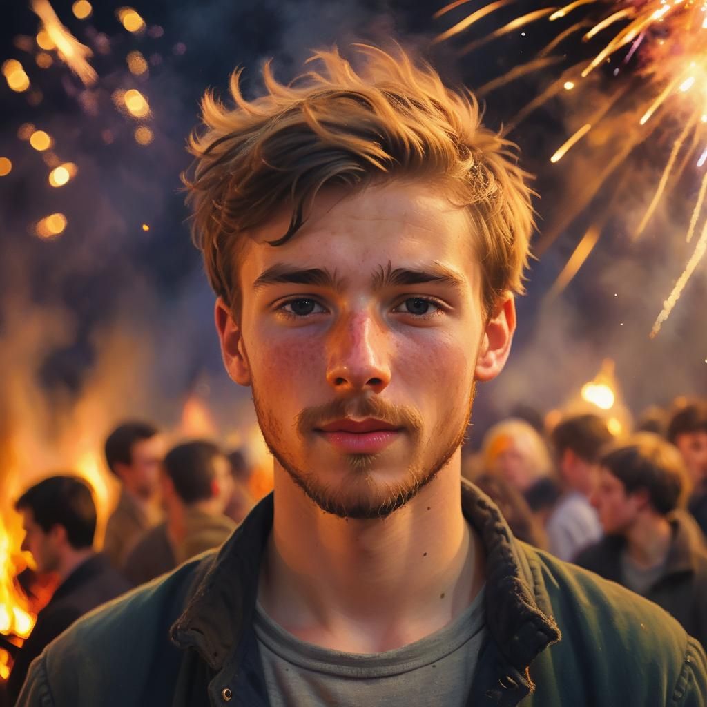 Bonfire Portrait with Fireworks in Impressionist Style