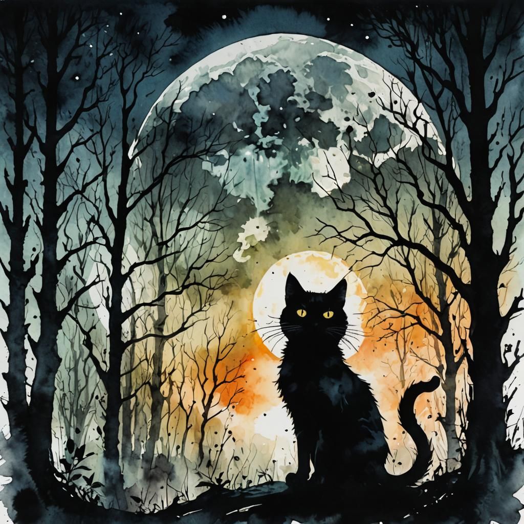 Cyberpunk Cat Witch Poster Art in Full Moonlight
