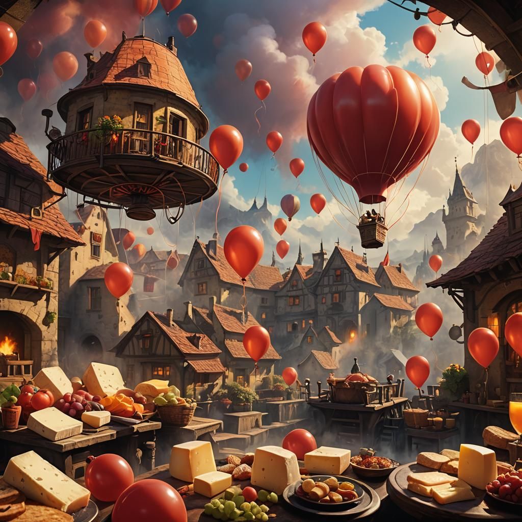 Red Balloon Above Raclette Wheel in Fantasy Art