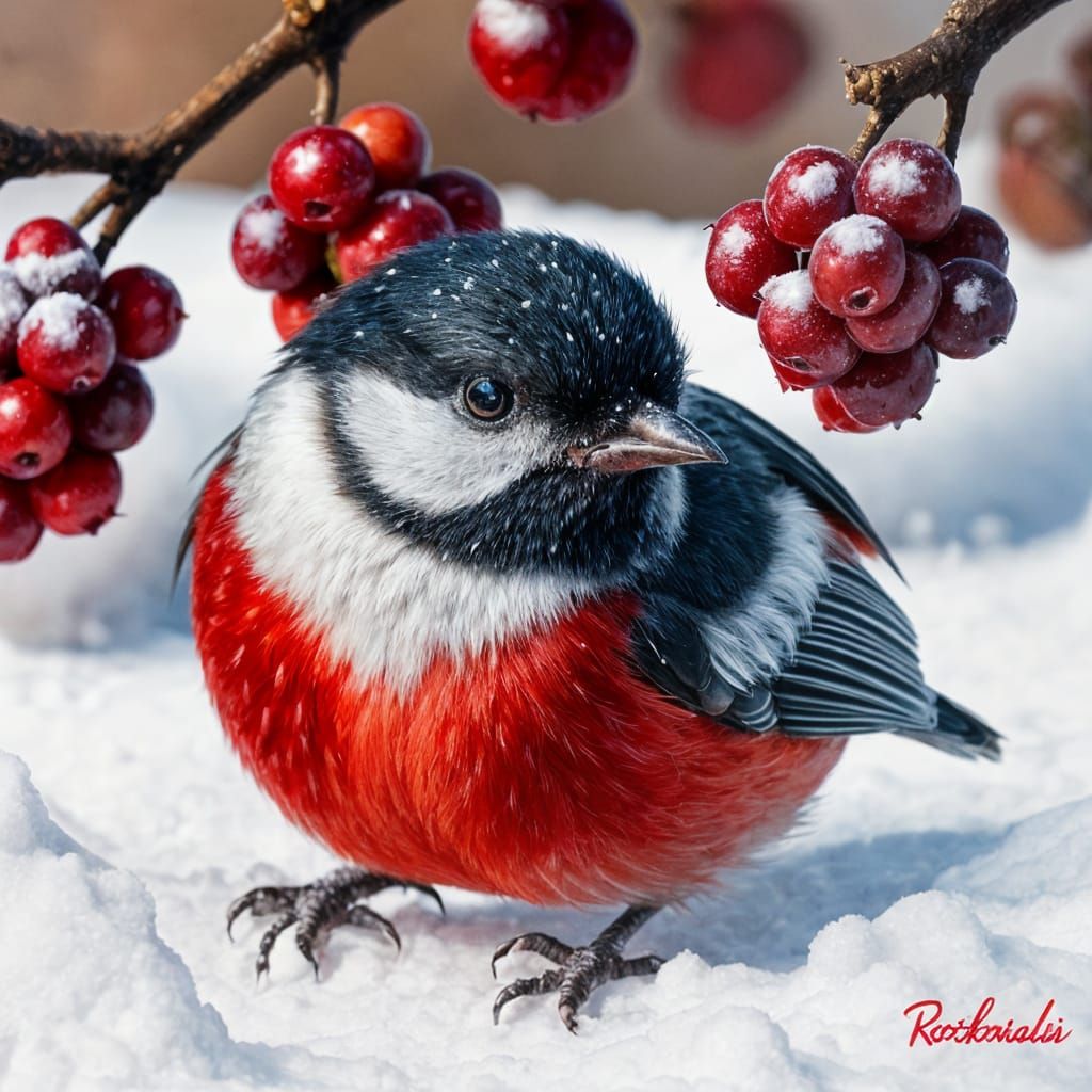 Winter Landscape with Chickadee Amidst Red Berries