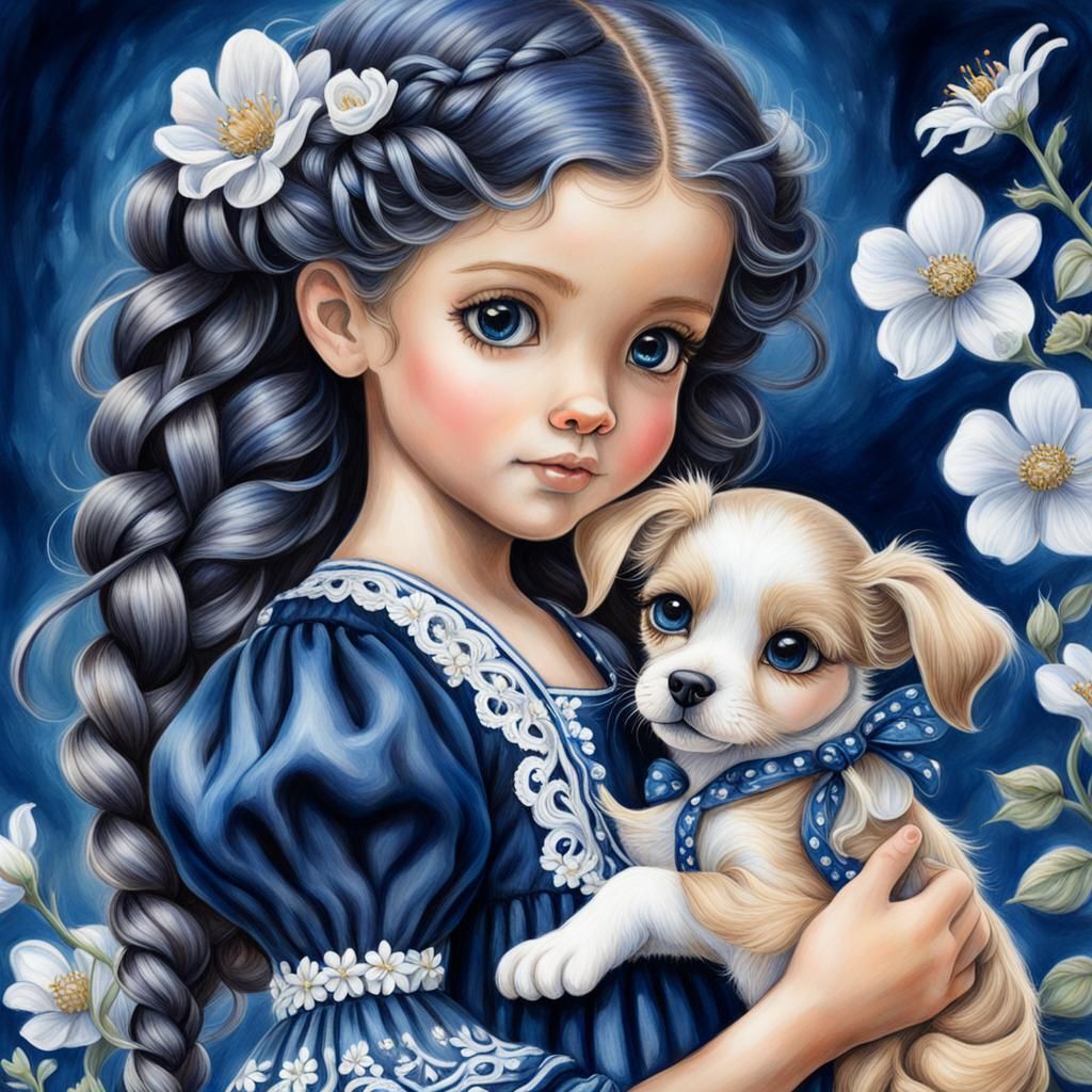 Girl with Puppy: Colored Pencil Fantasy Art