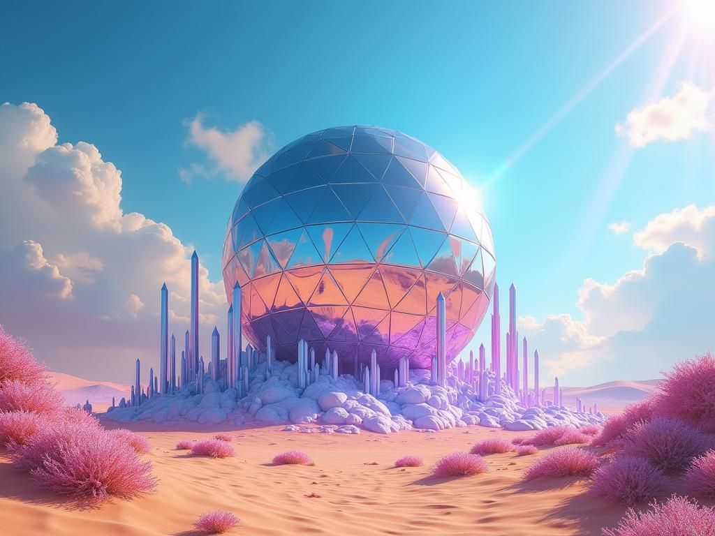 Futuristic Geodesic Dome Reflecting Fantasy Landscape