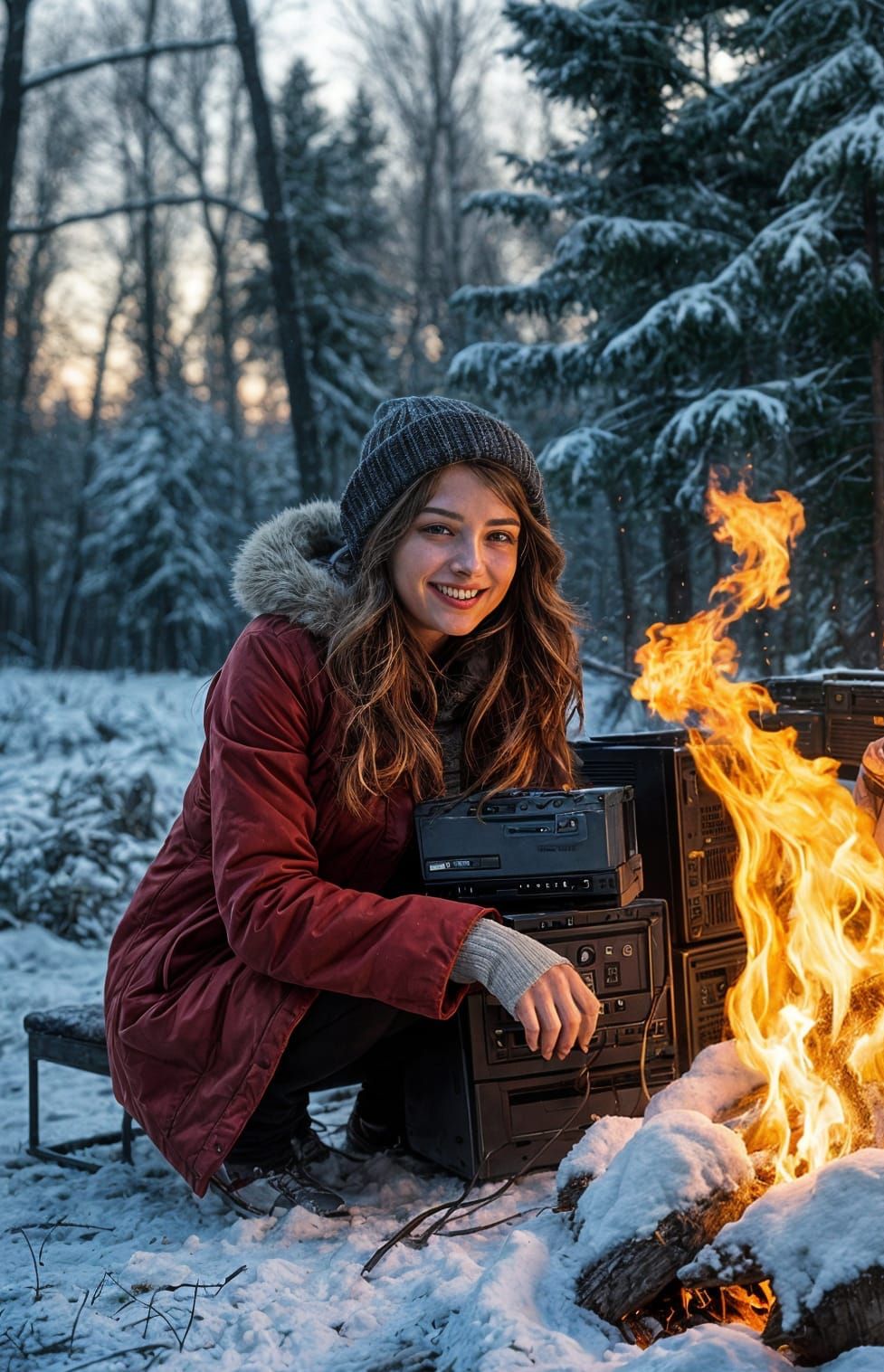 Woman Warms Herself by Computer Fire