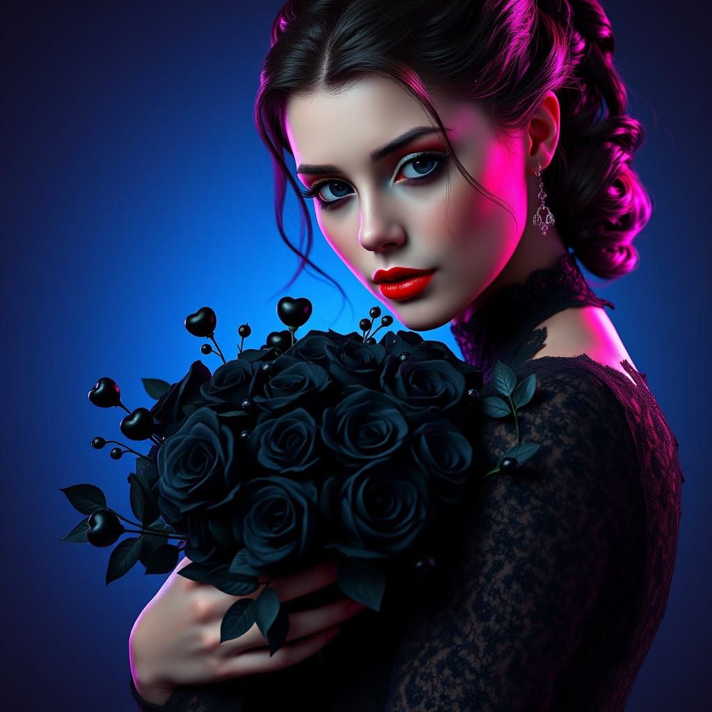 Sensual Woman Adorns Herself with Black Roses and Hearts