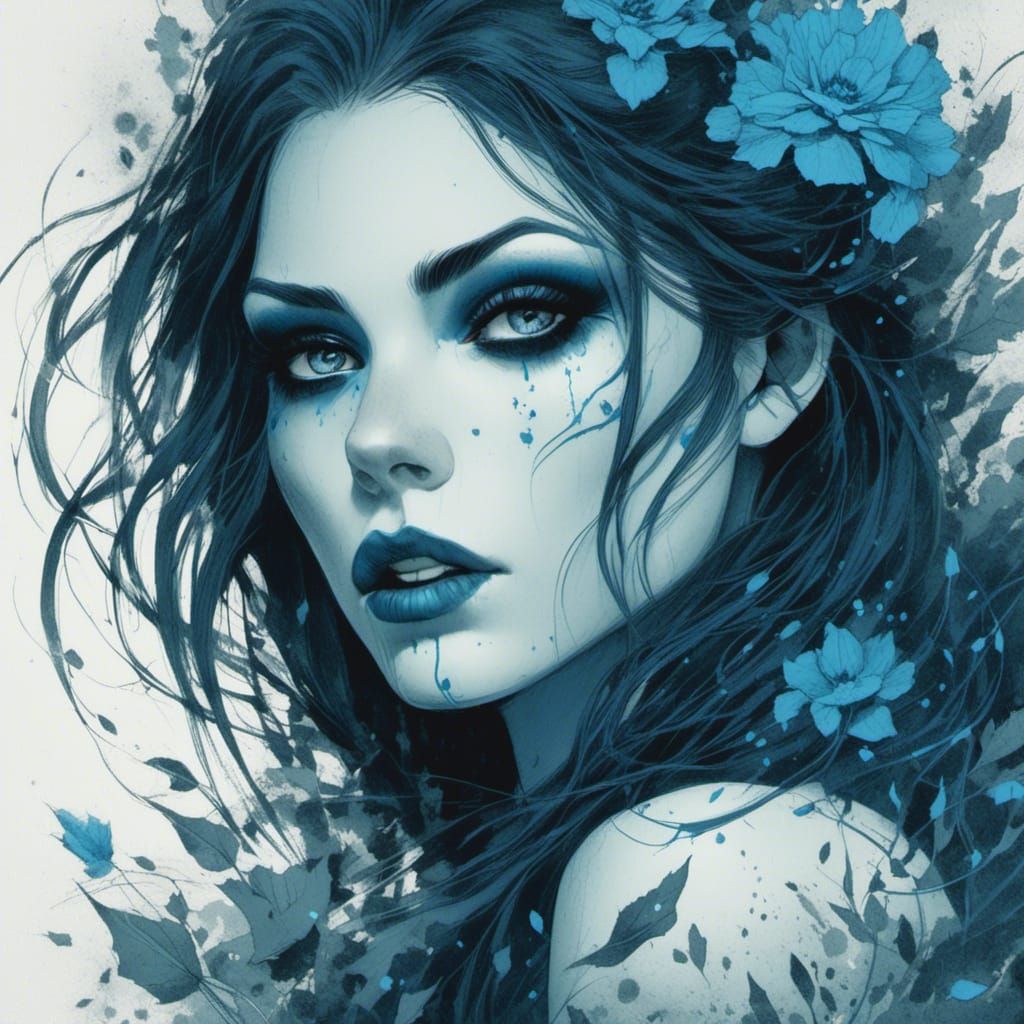 Stunning Vampire Woman with Tattoos and Blue Hair