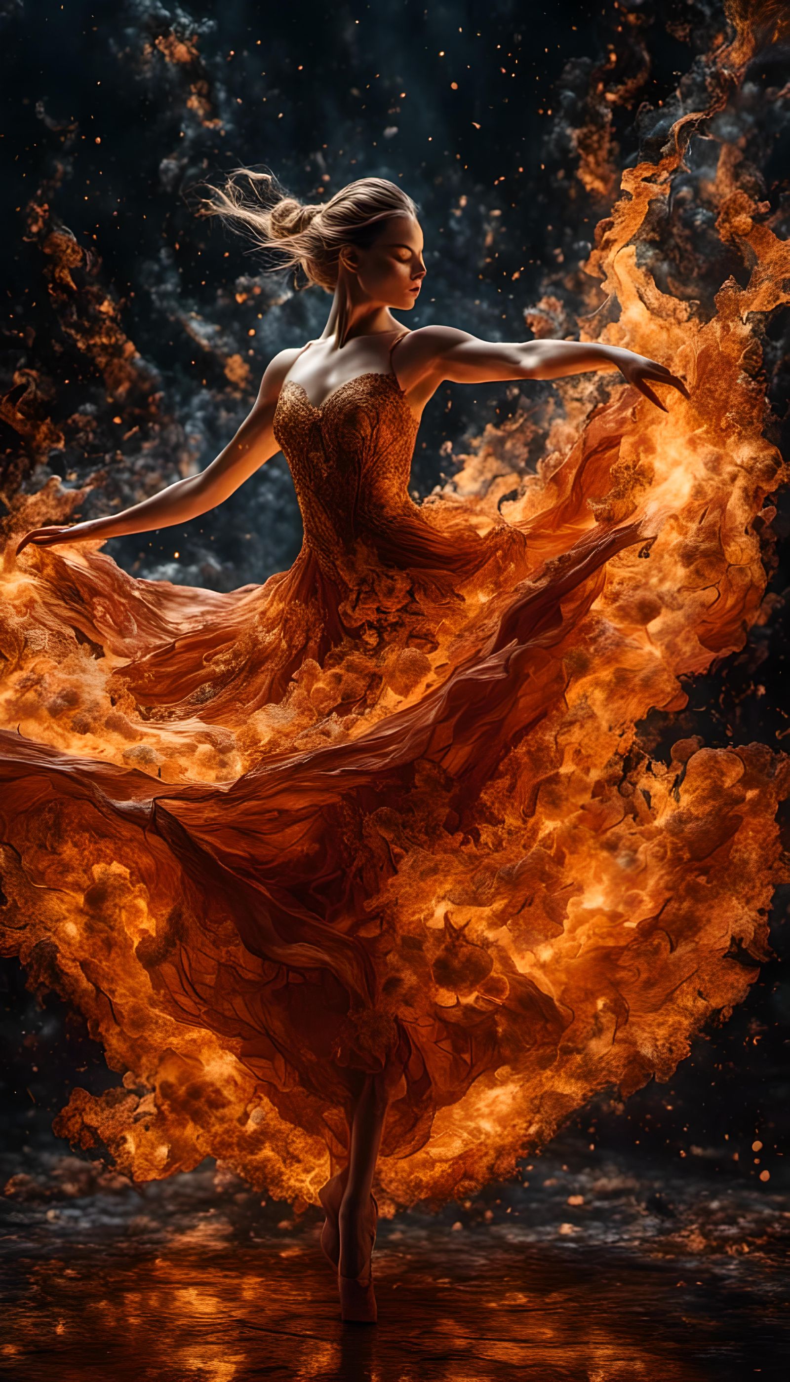 Fiery Ballerina Dance: Hyperrealistic Flame Art