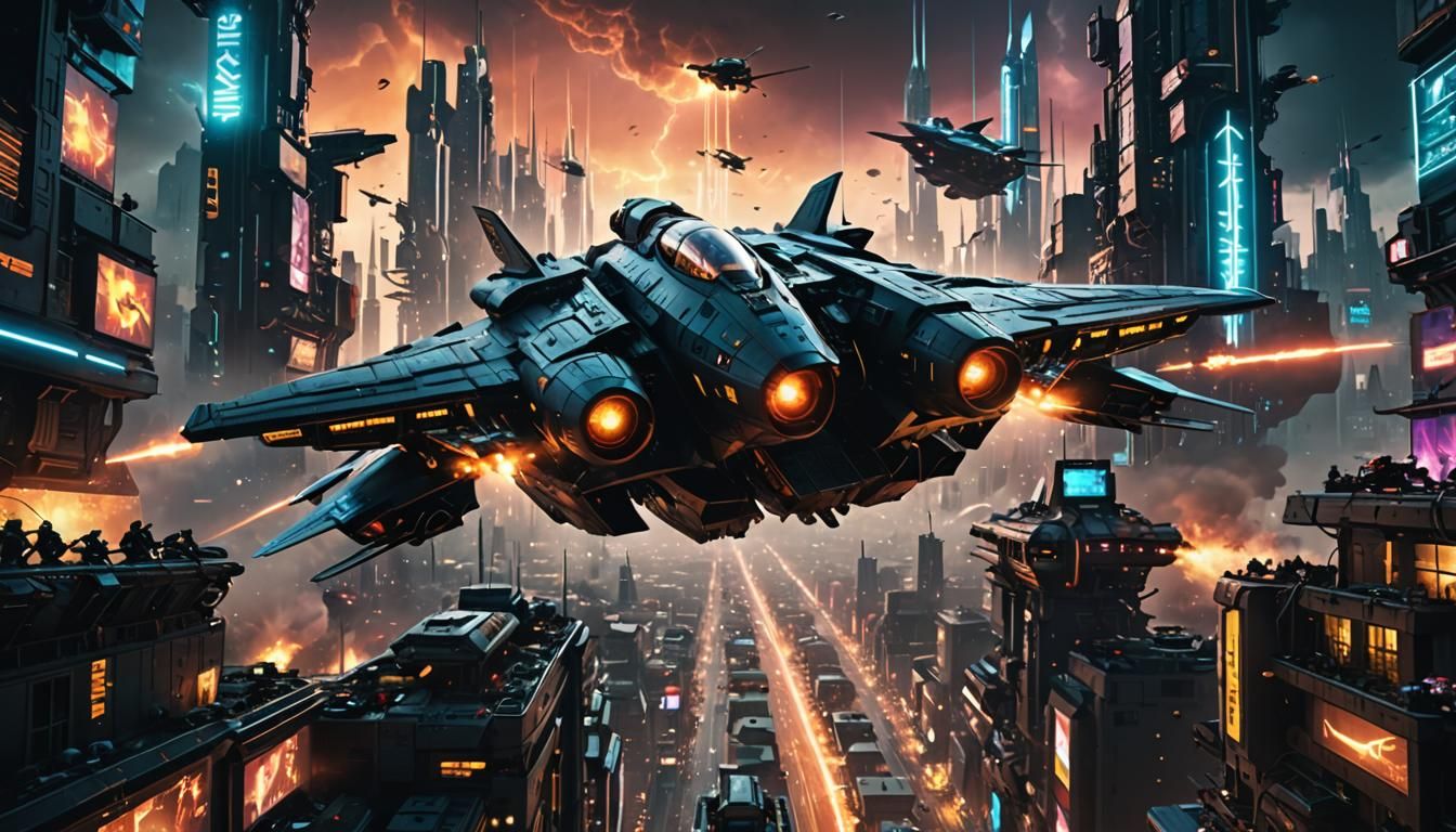 Cyberpunk City Aerial Battle in Gritty Sci-Fi Style