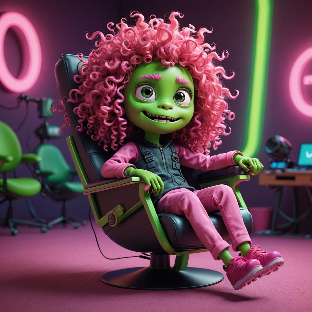 Neon Monster in Recliner: 3D Digital Art