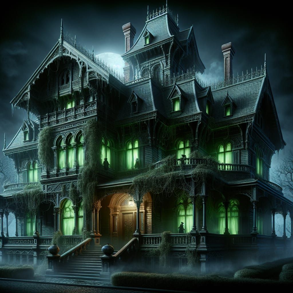 A haunted Victorian mansion at night, overgrown with twisted...