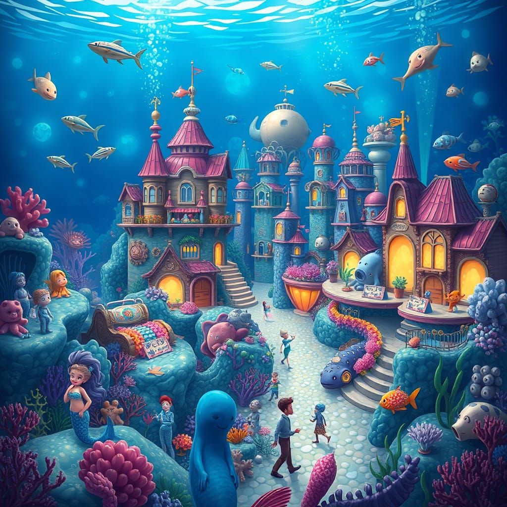 Whimsical Underwater City with Sea Creatures in Cartoon Styl...