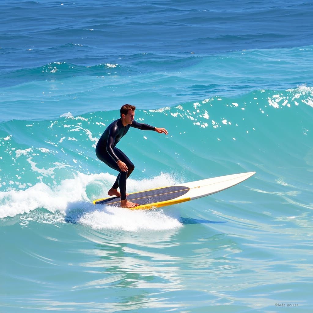 Man Surfs Turquoise Waves in Tropical Ocean