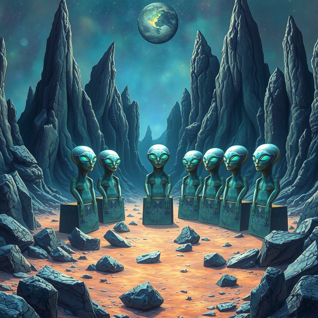 Ethereal Alien Landscape with Glowing Statues in Cosmic Holo...