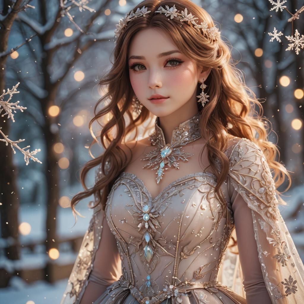 Anime Portrait of Beautiful Woman in Winter Dress