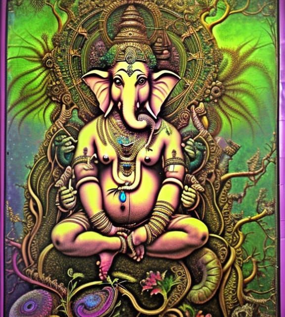 Psychedelic Ganesha with Bismuth Crystal Mandelbulb