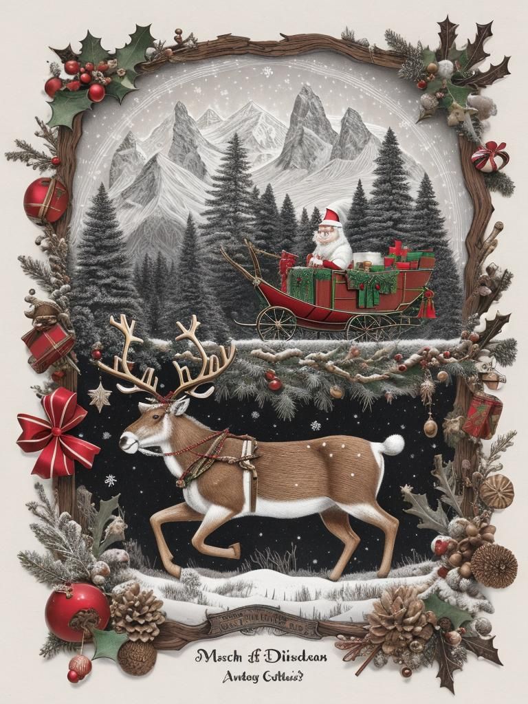 Sleigh and Reindeer Construction Drawing in Monochromatic Pe...