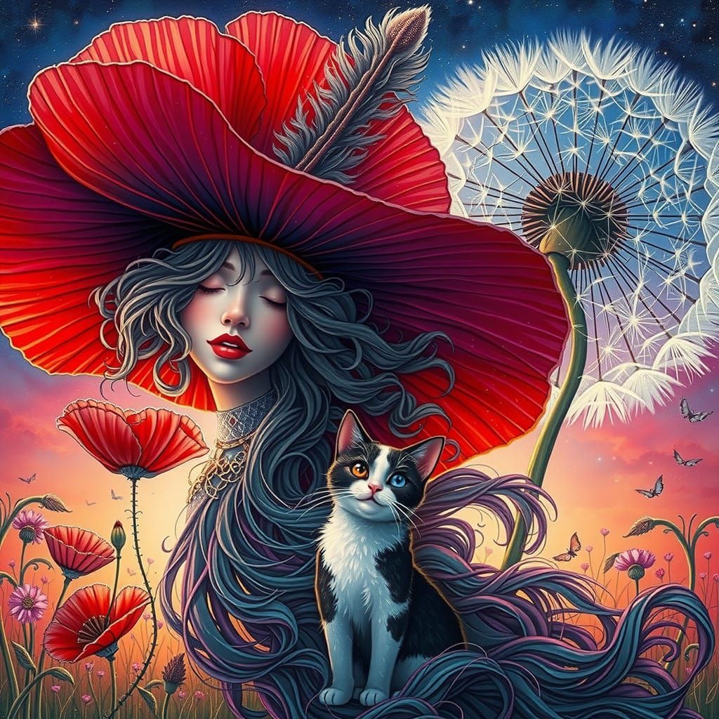 Whimsical Female Figure with Red Poppy and Cat in Dreamlike ...