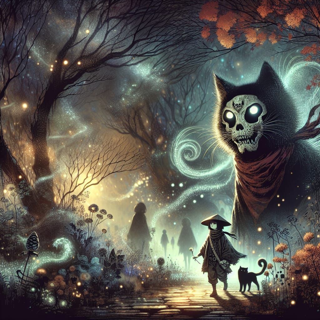 Eerie Cat Guide in Ukiyo-e Twilight World