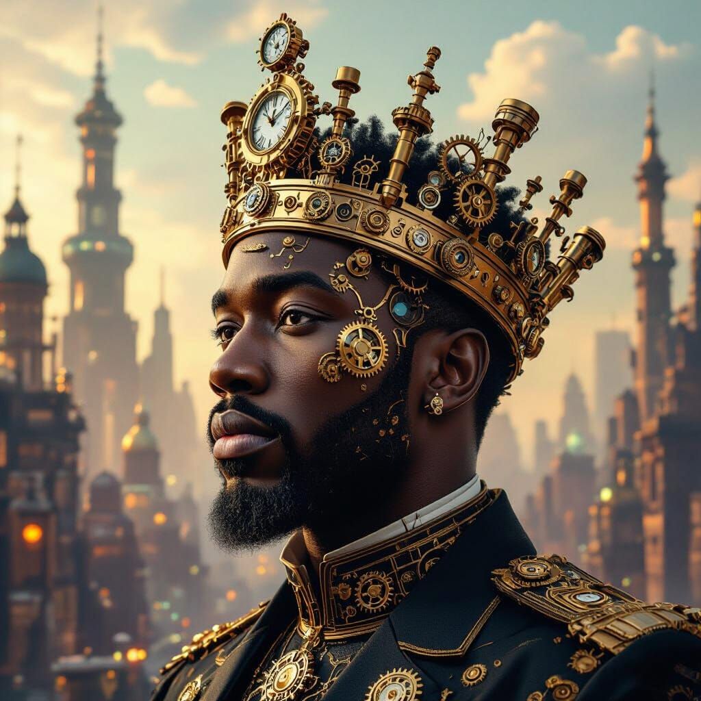 Steampunk King with Clockwork Features in Opulent Cityscape