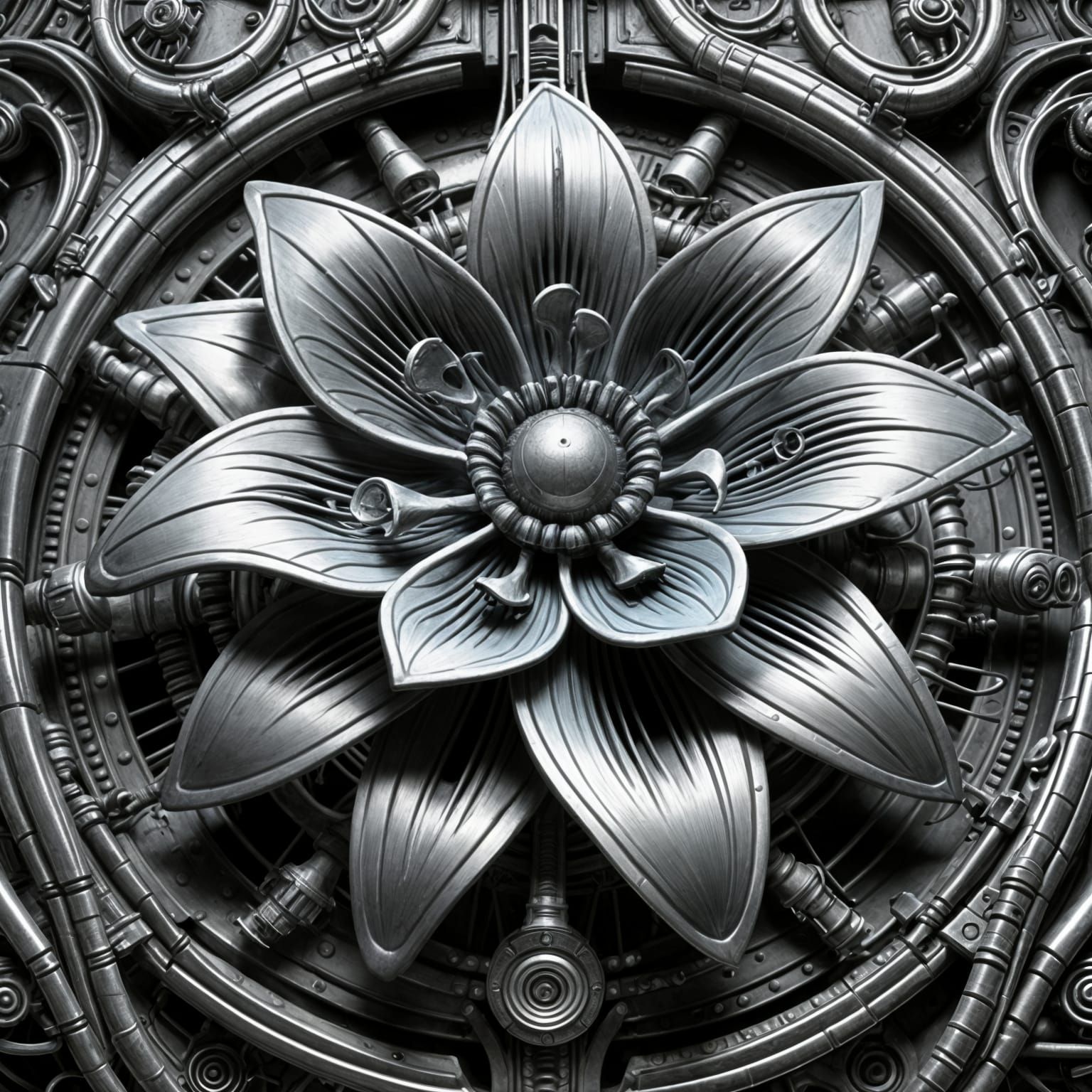 Dark Biomechanical Flower in Giger Style, 3D Render