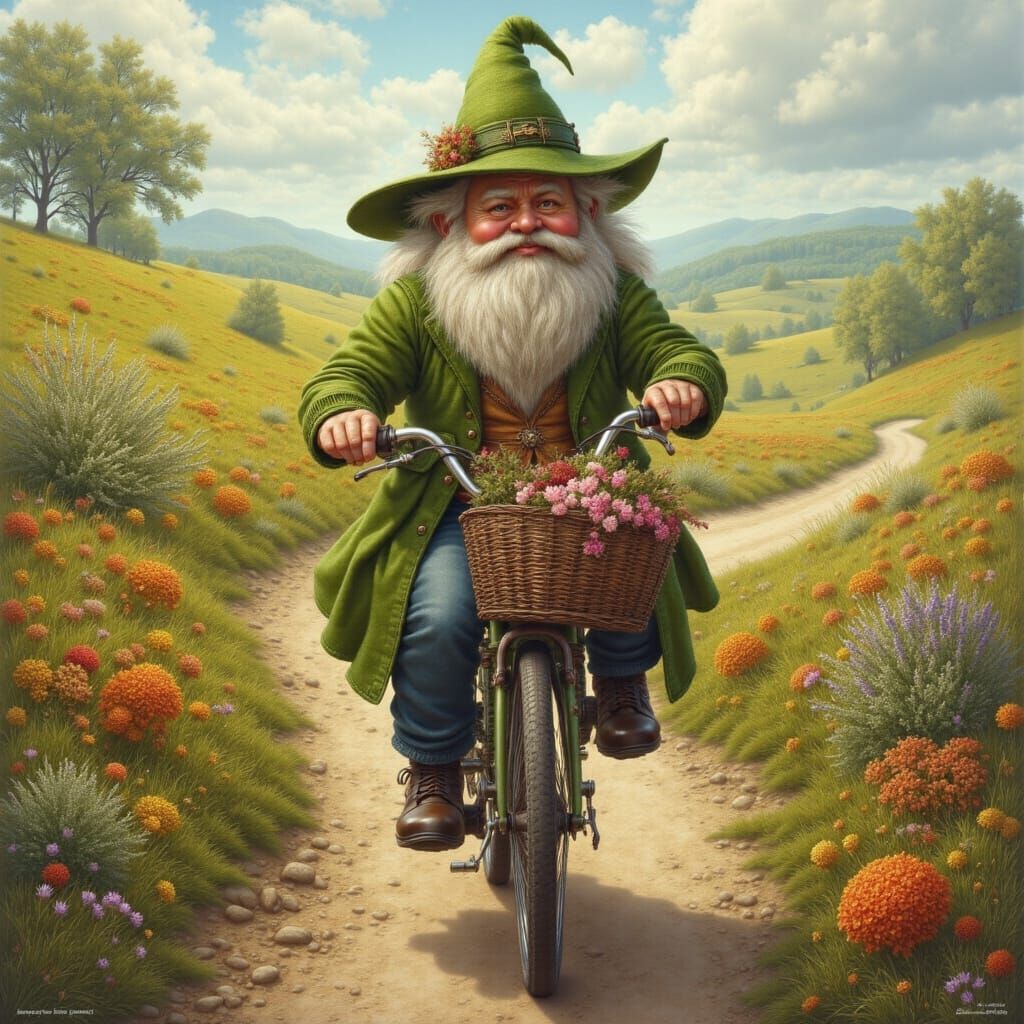Gnome Rides Bicycle on Country Road