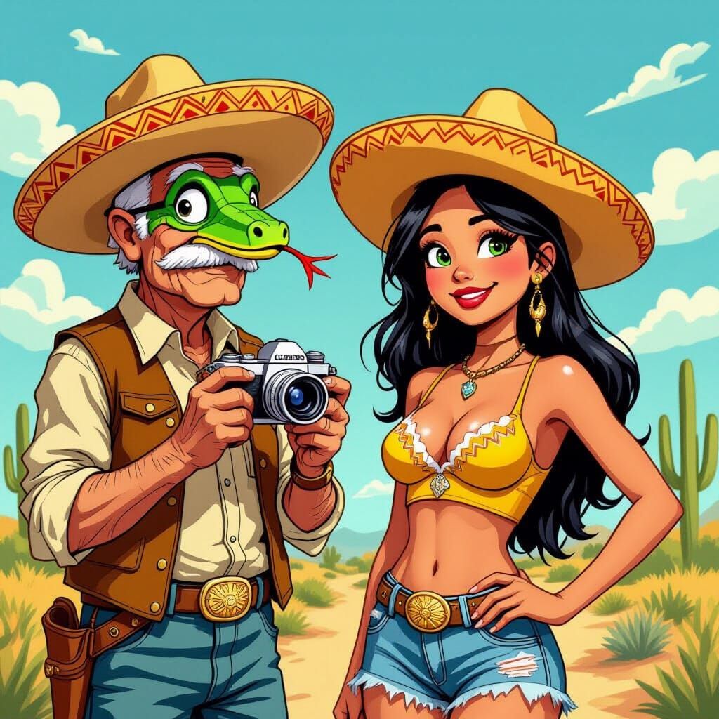 Comic Mascot Rattlesnake Attacks Old Mexican Man