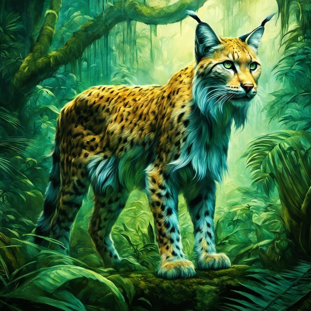 Robotic Lynx in Jungle, Surreal Encaustic Illustration