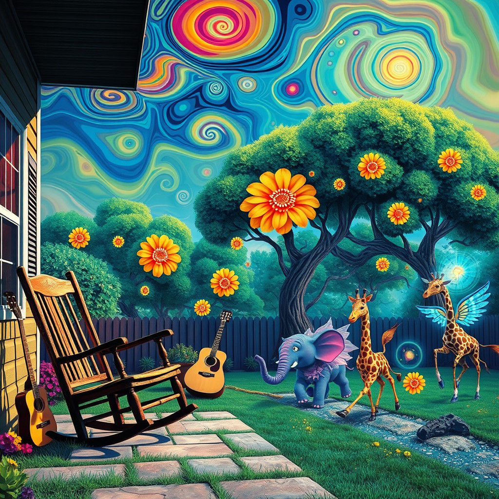 Psychedelic Backyard Paradise with Dancing Creatures