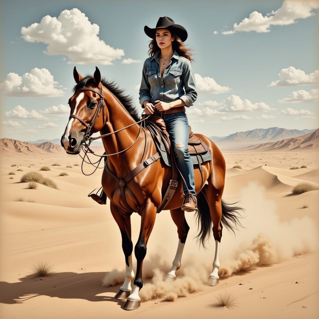 Cowgirl on Horseback in Desert Landscape Art