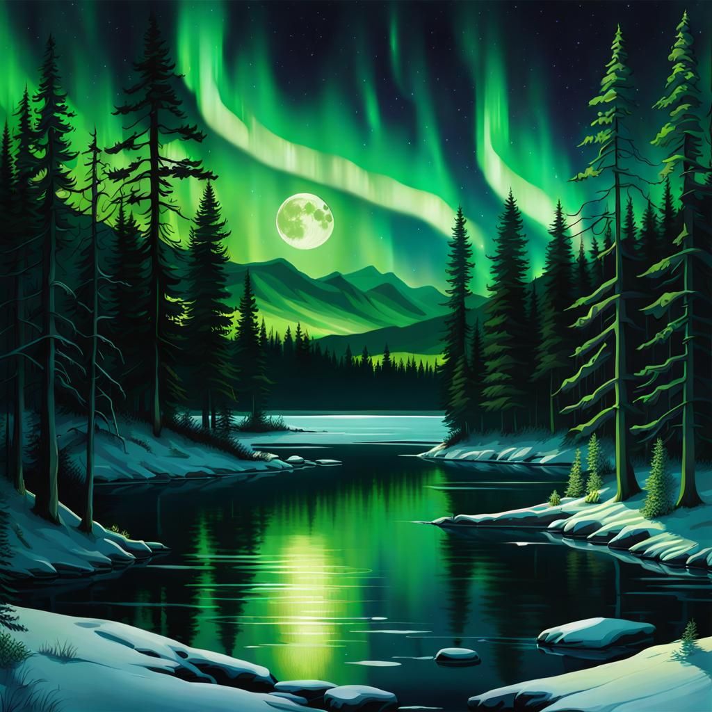 Spectacular Northern Lights Display Over Forest Lake