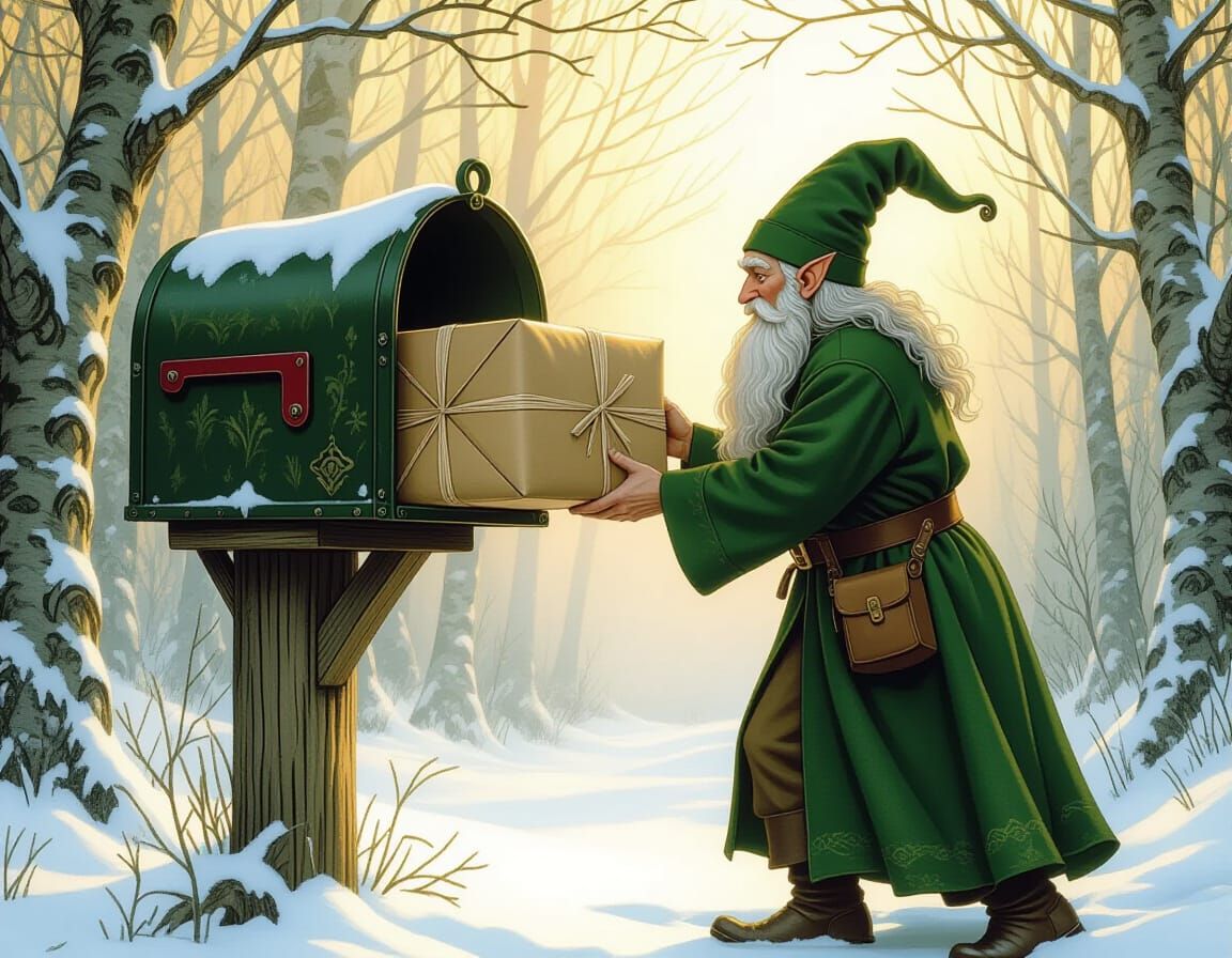 Elf Delivering Package in Snowy Forest, Fantasy Art