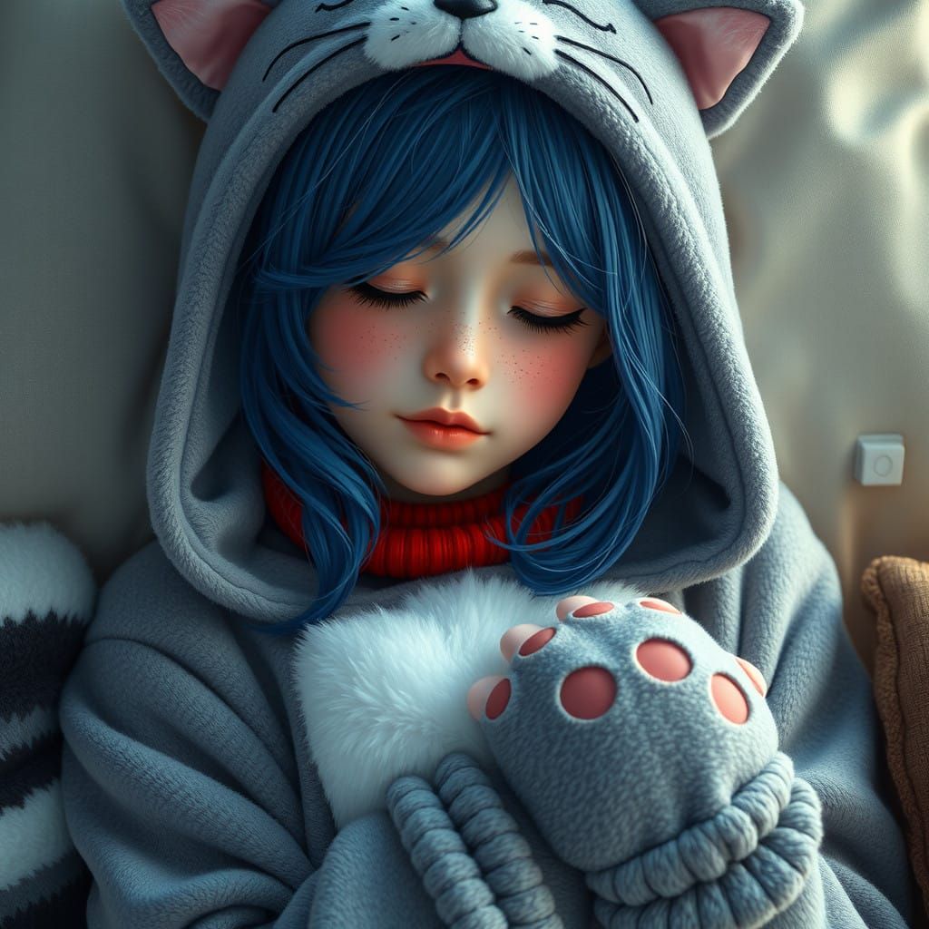 Charming Cat-Like Girl in Hyper-Realistic Slumber