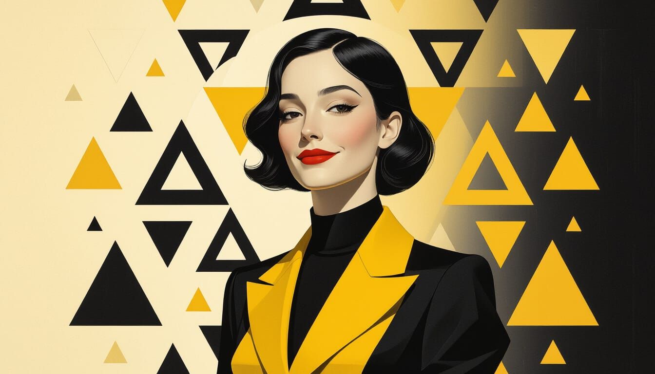 Surreal Portrait: Woman in Yellow & Black with Geometric Ele...