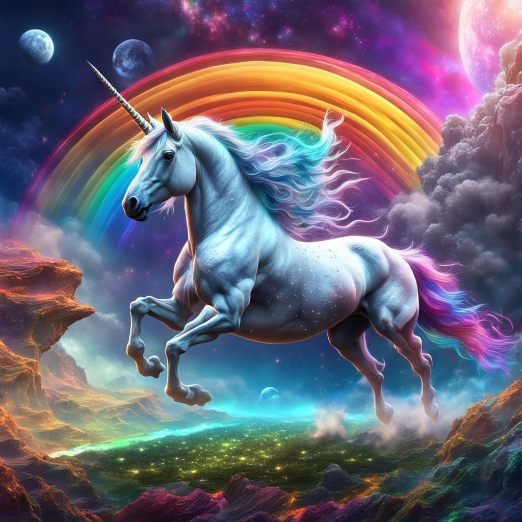 Unicorn Rides Rainbow in Space, Detailed Matte Painting