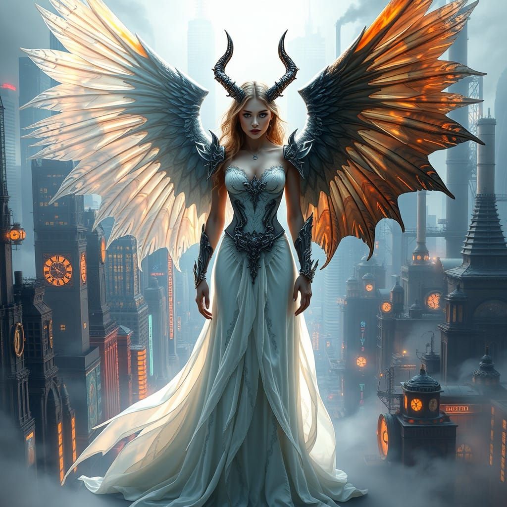 Majestic Angel-Demon Hybrid Dominates Urban Landscape