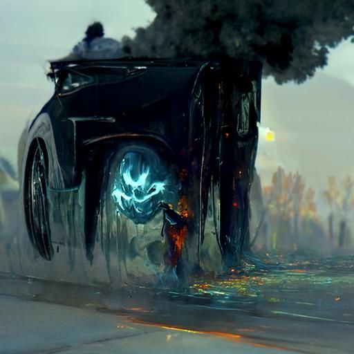 Car on Fire in Sinister Fantasy Style