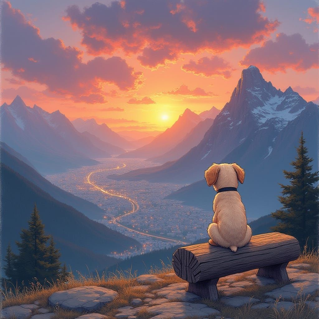 Puppy on Mountain Bench Gazing at Sunset City