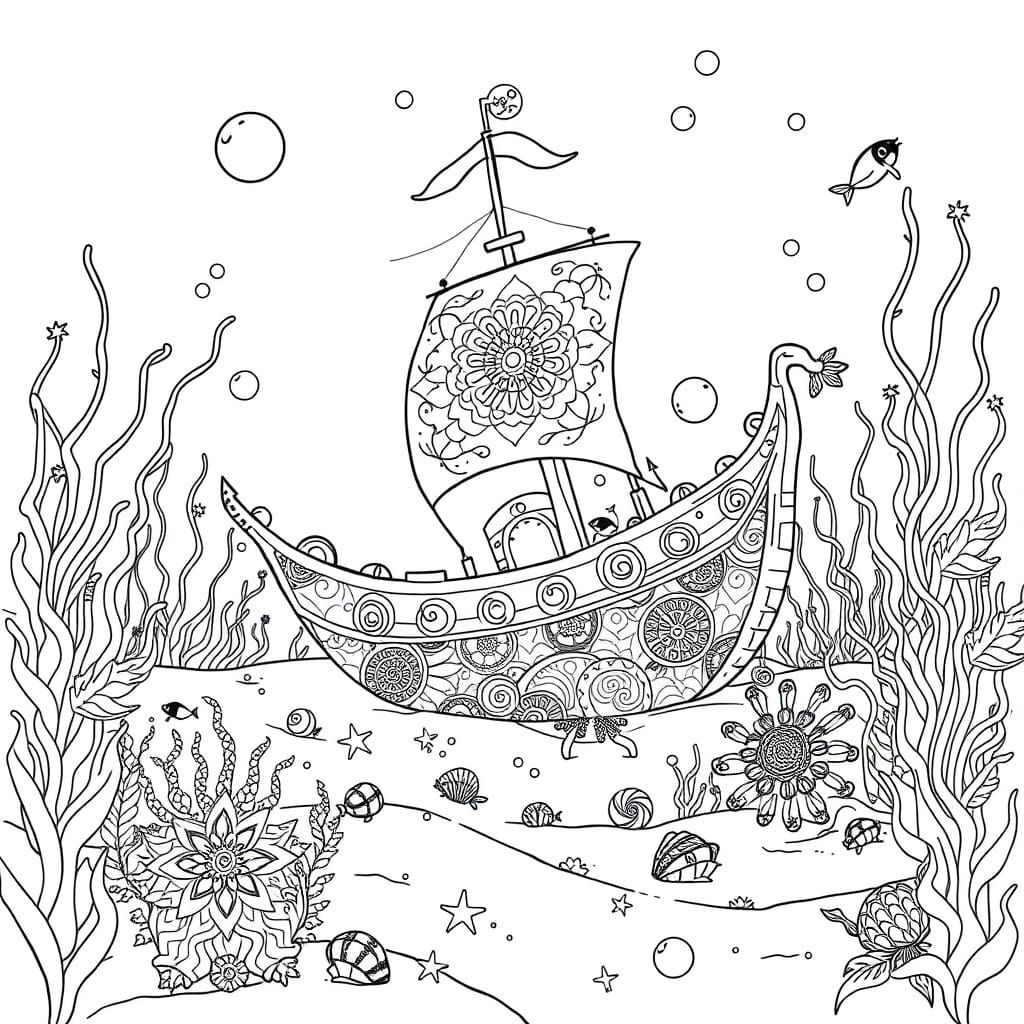 Enchanted Underwater World in Black and White Line Drawing