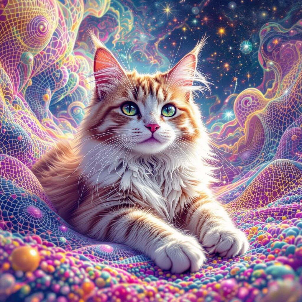 Psychedelic Cat Astral Projection into Cosmic Dreamscape