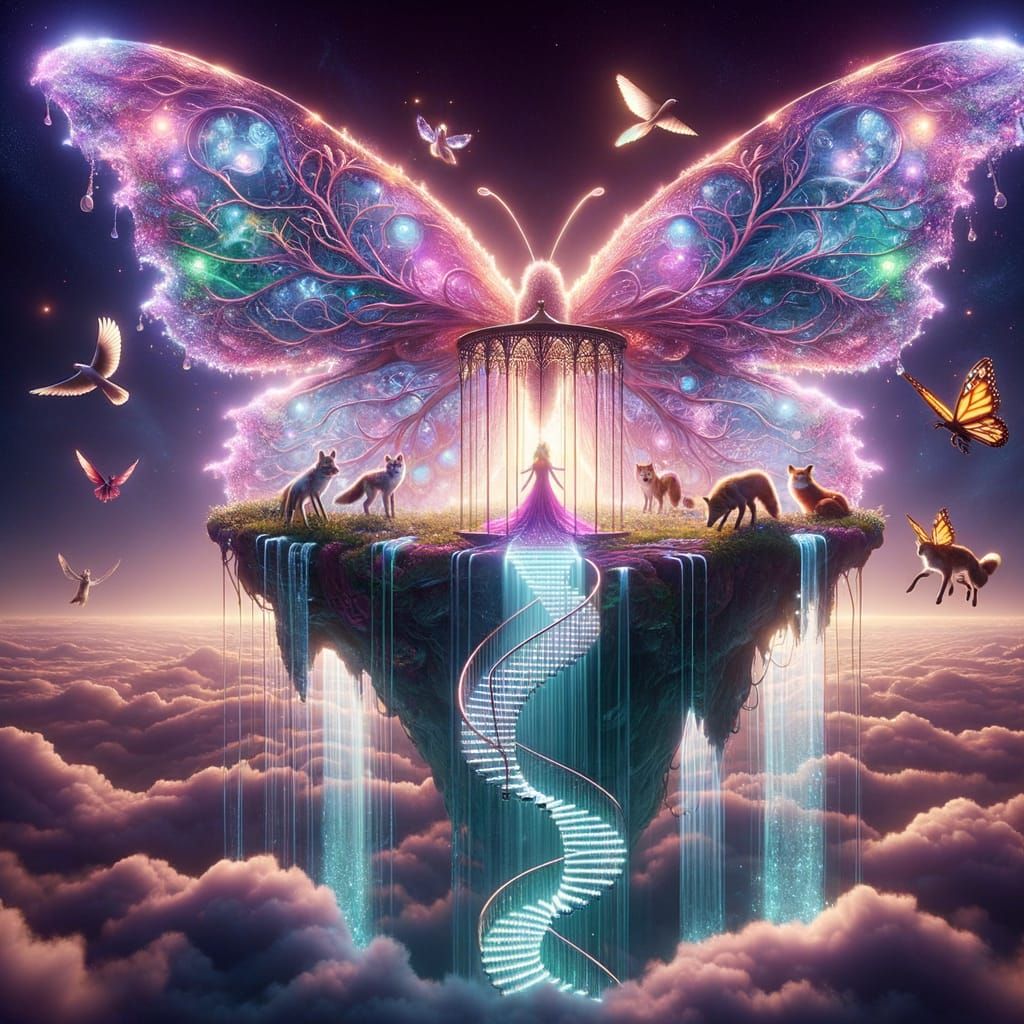 Surreal Butterfly Island with Waterfalls and Light Harp
