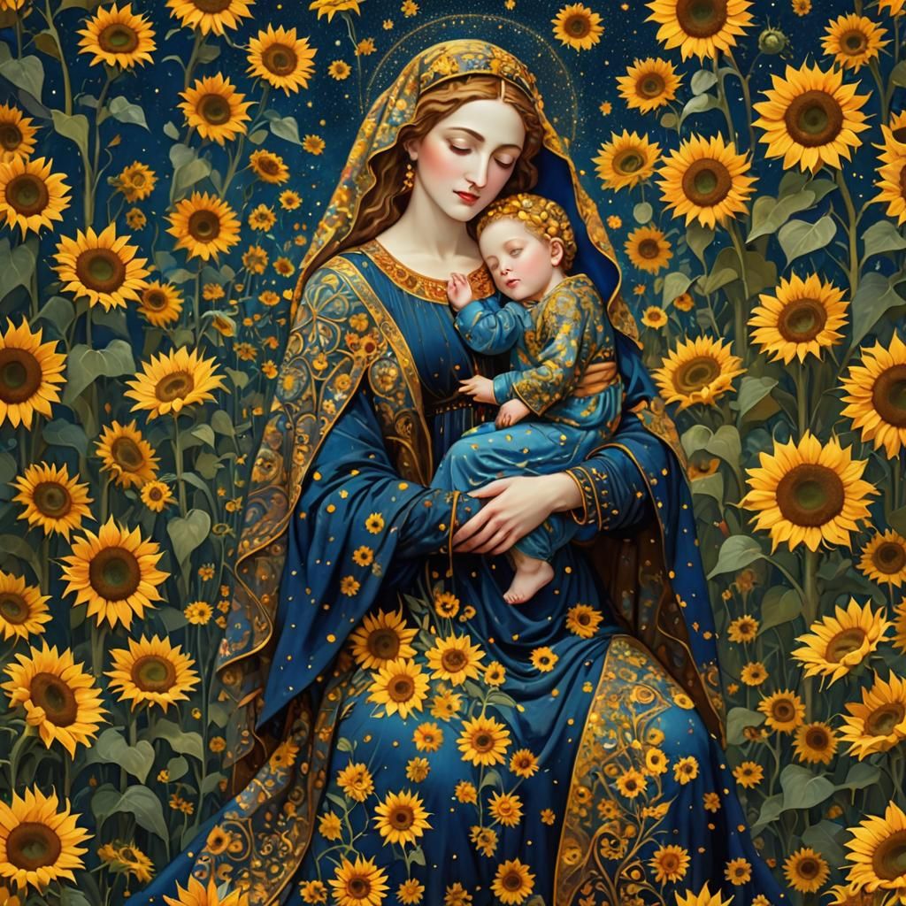 Madonna and Child in Sunflower Field, Klimt-Inspired Art