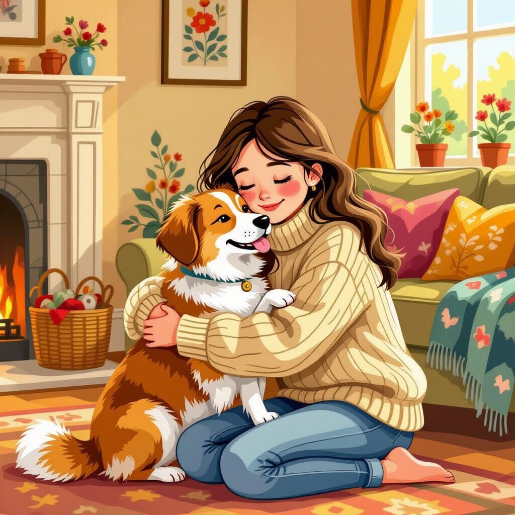 Girl Hugging Dog in Beatrix Potter Style