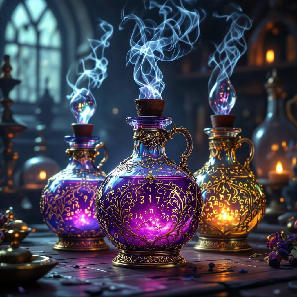 Magical Purple Potion Bottles with Ethereal Smoke
