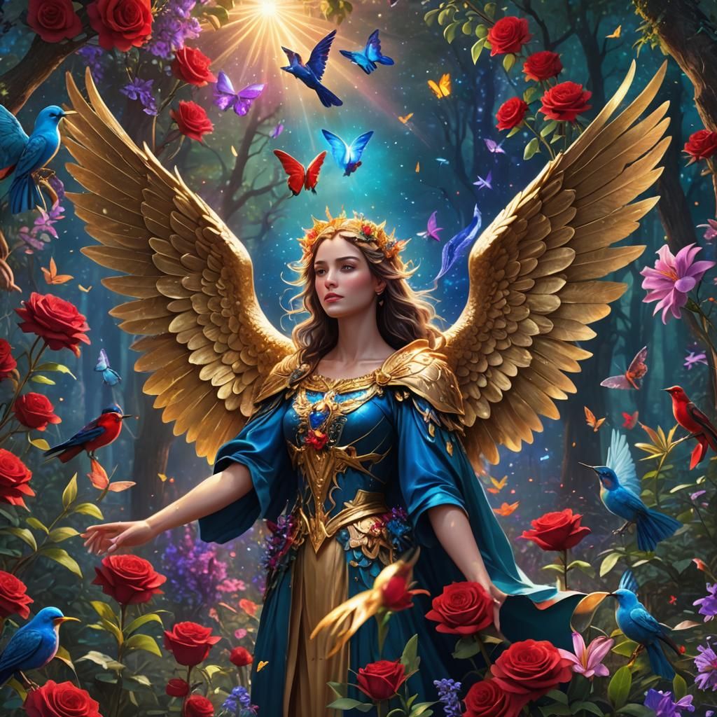 Radiant Angel with Gold Wings in Floral Forest