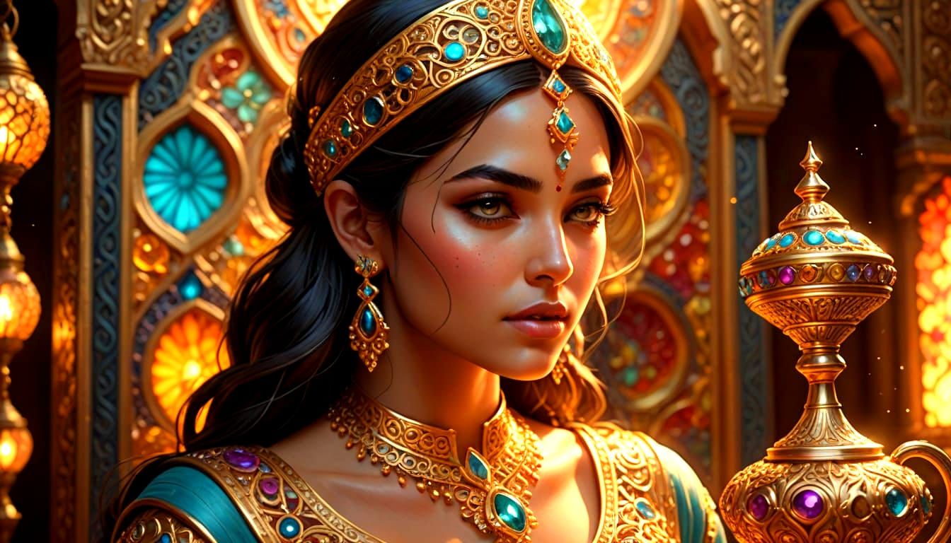 Female Genie Emerges from Golden Lamp