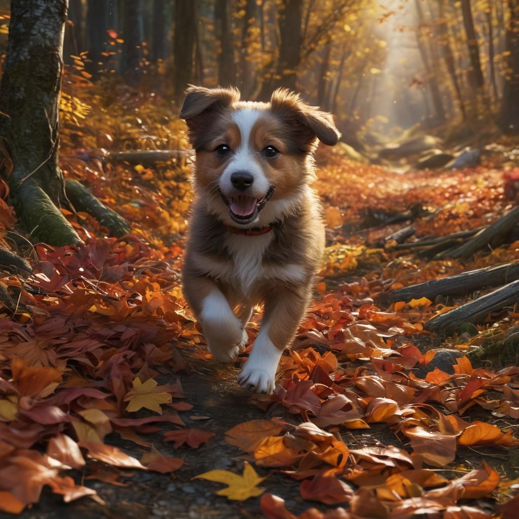 Playful Puppy in Autumn Leaves: Cinematic Digital Art